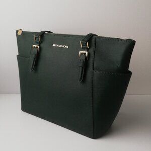 Michael Kors Charlotte Large Saffiano Green Real Leather Top-Zip Tote Bag